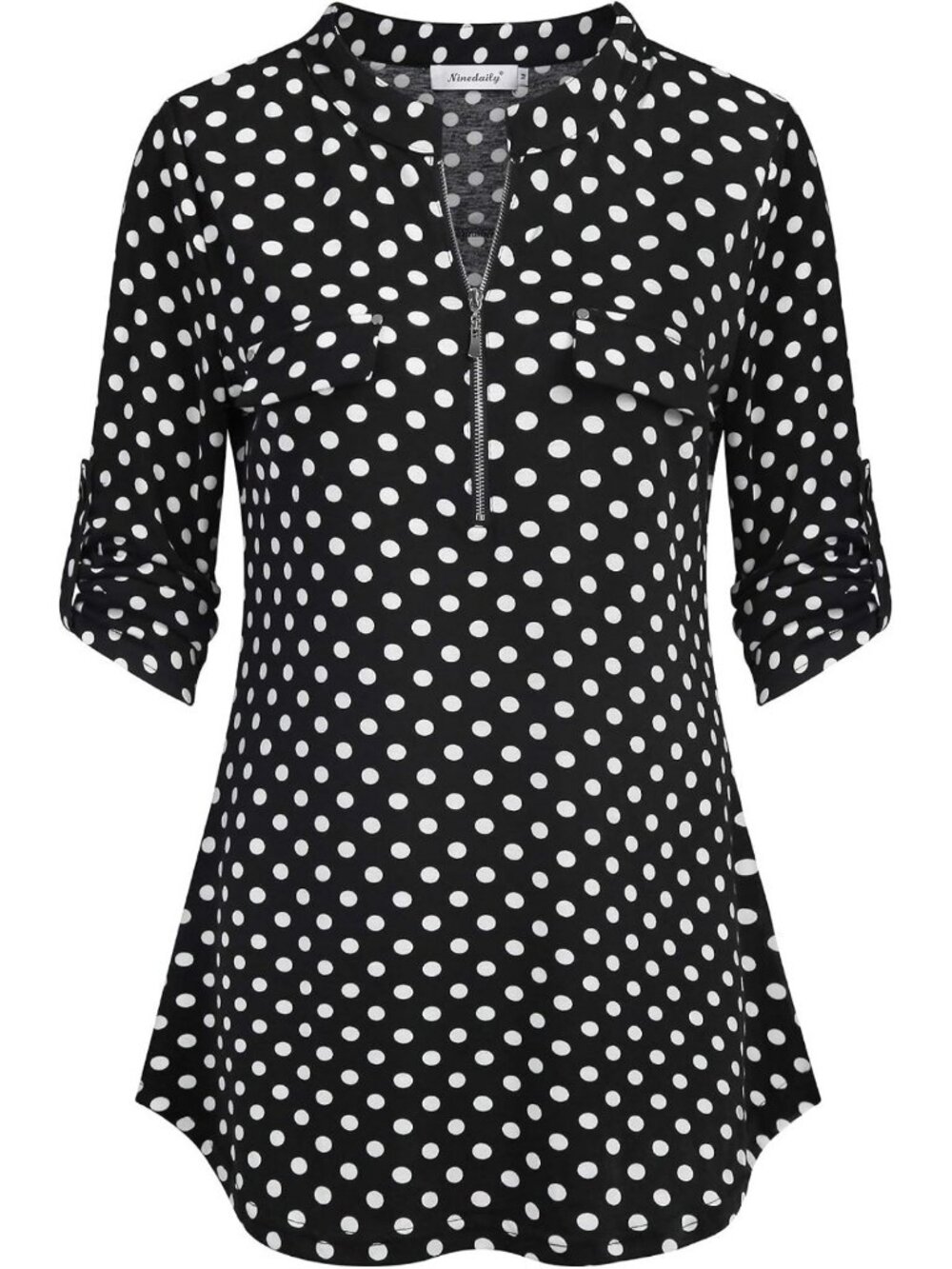 Floral Plaid Tunic Blouse Top for Women - Casual 3/4 Sleeve Zip Shirt